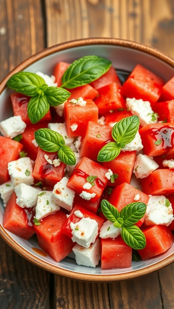 A refreshing feta and watermelon salad with mint and balsamic glaze, served in a bowl on a wooden table.